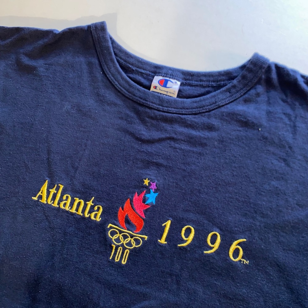 Vintage 1996 Atlanta Olympics Champion T-Shirt Navy Blue Embroidered Mens XL